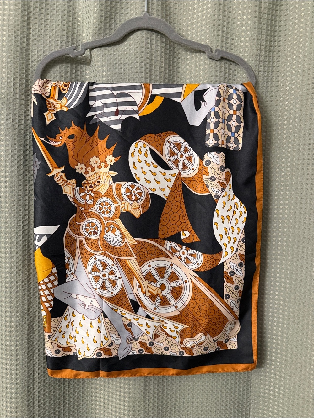 Printed Silk-Feel Scarf in Black & Burnt Orange